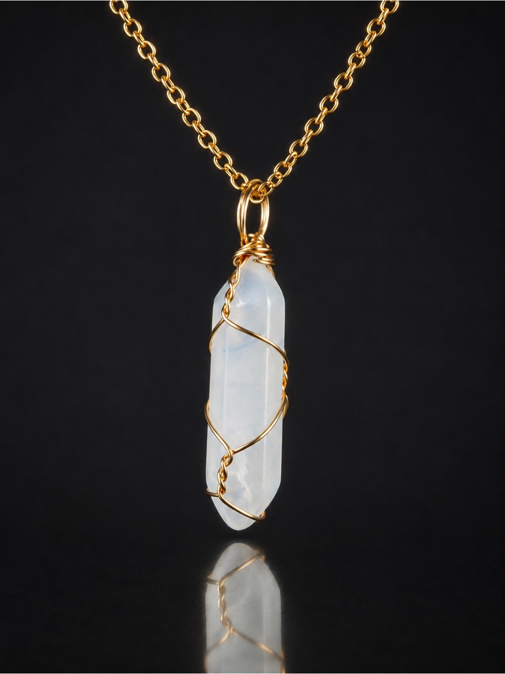 🌸 White Quartz Pendant Necklace with Gold Wire cage